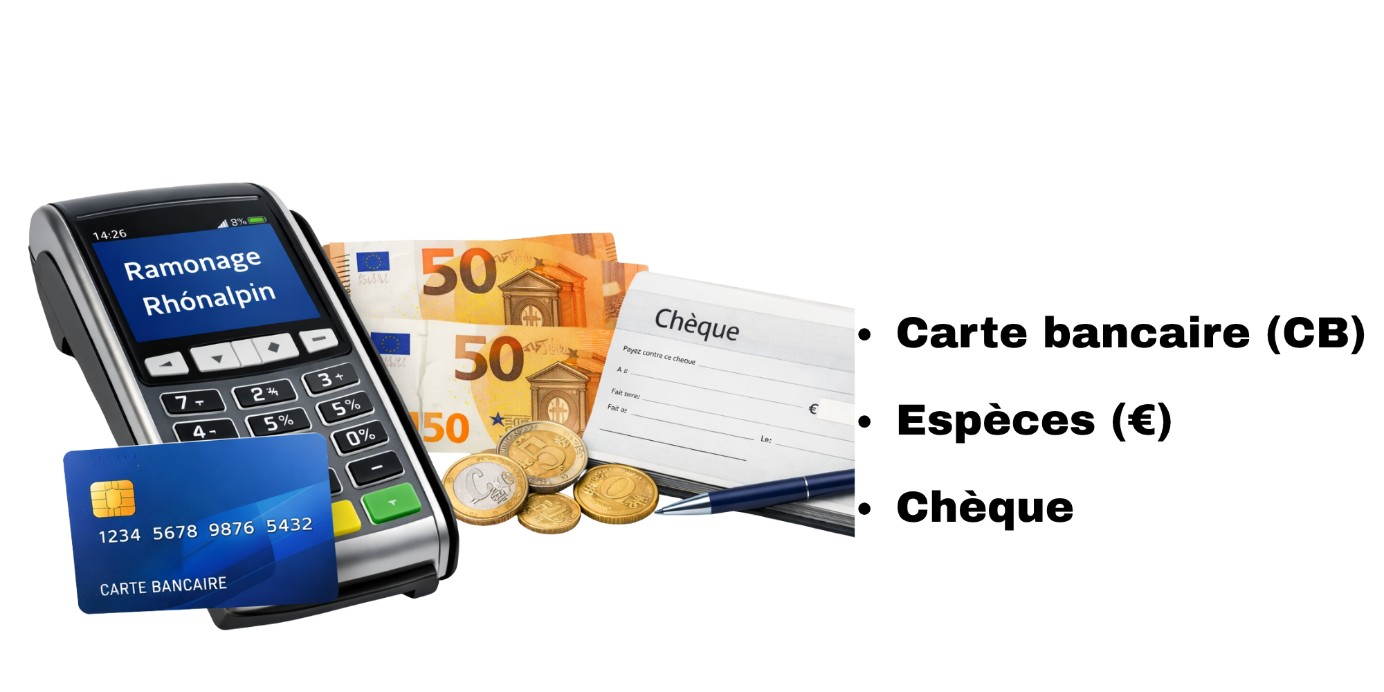 Modes de paiement chez Ramonage Rhônalpin – artisan ramoneur dans le Grésivaudan et l’Isère, acceptant carte bancaire, espèces et chèque pour les prestations de ramonage, entretien de poêle à bois, poêle à granulés, insert, chaudière fioul et gaz.